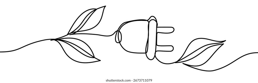Tree branch turning into power plug. Symbol of green energy, sustainability and eco-friendly technology, vector illustration in continuous line style