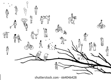 Tree branch with two birds and lots of tiny people in the background, black and white ink illustration
