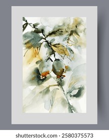 Tree branch with two fruits that did not have time to bloom on wall art. Watercolor artwork. Print with dense branches of spring tree growing in garden, in frame with decor for poster