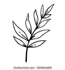 Tree Branch Vector Icon. Black Silhouette Of A Twig With Leaves. Hand Drawn Illustration Isolated On White. A Wild Forest Plant, Shrub Sprig. Clipart For Cards, Posters, Cosmetics, Logo, Web, Print