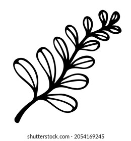 Tree branch vector icon. Hand drawn doodle. Silhouette of a twig with leaves. Plant outline. Botanical sketch. Monochrome natural concept for decoration, design of cards, invitations, stationery
