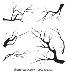 Tree branch without leaves black silhouettes set isolated on white background. Monochrome simple plant elements vector flat illustration.
