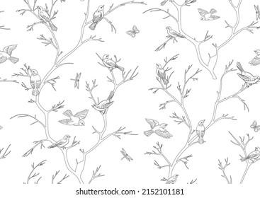 Tree branches against the sky with sparrow, finches, butterflies, dragonflies. Seamless pattern, background. Vector illustration. Chinoiserie, traditional oriental botanical motif. In botanical style