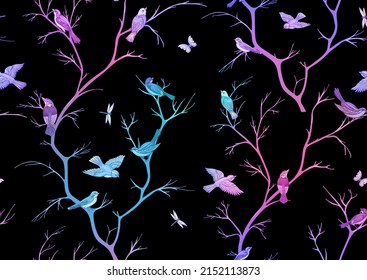Tree branches against the sky with sparrow, finches, butterflies, dragonflies. Seamless pattern, background. Vector illustration. Chinoiserie, traditional oriental botanical motif. In botanical style
