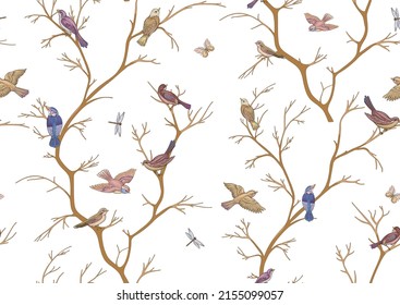 Tree branches against the sky with sparrow, finches, butterflies, dragonflies. Seamless pattern, background. Vector illustration. Chinoiserie, traditional oriental botanical motif. In botanical style