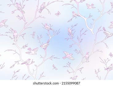 Tree branches against the sky with sparrow, finches, butterflies, dragonflies. Seamless pattern, background. Vector illustration. Chinoiserie, traditional oriental botanical motif. In botanical style