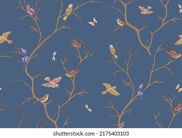 Tree branches against the sky with sparrow, finches, butterflies, dragonflies. Seamless pattern, background. Vector illustration. Chinoiserie, traditional oriental botanical motif. In botanical style