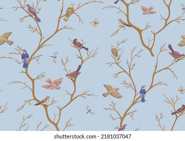 Tree branches against the sky with sparrow, finches, butterflies, dragonflies. Seamless pattern, background. Vector illustration. Chinoiserie, traditional oriental botanical motif. 