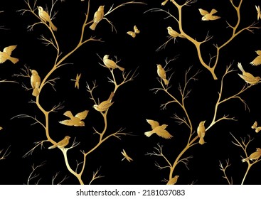 Tree branches against the sky with sparrow, finches, butterflies, dragonflies. Seamless pattern, background. Vector illustration. Chinoiserie, traditional oriental botanical motif. In botanical style