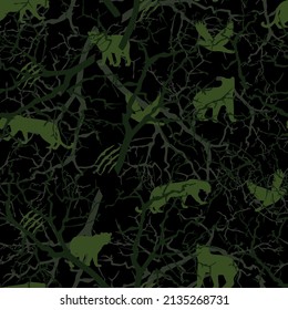 Tree branches with animals. Black background. Print for printing.