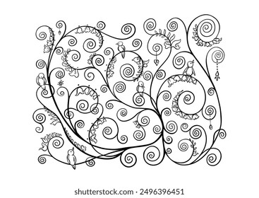 Tree branches with birds, inspired by Gustav Klimt's tree of life. Clip art, set of elements for design Vector illustration. Outline hand drawing. In art nouveau style, vintage, old, retro style.