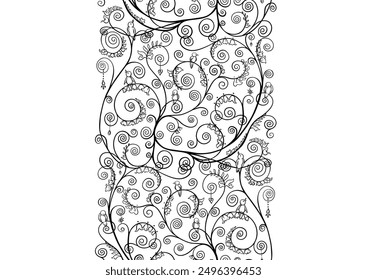 Ramas de árboles con pájaros, inspiradas en el árbol de la vida de Gustav Klimt. Patrón sin fisuras, fondo. Ilustración vectorial. Dibujo a mano de contorno. En estilo art nouveau, vintage, viejo, estilo retro.