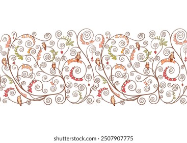 Tree branches with birds, inspired by Gustav Klimt's tree of life. Seamless pattern, background. Vector illustration. Outline hand drawing. In art nouveau style, vintage, old, retro style.