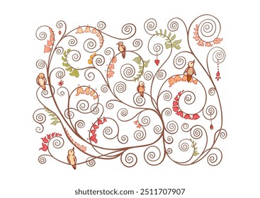 Tree branches with birds, inspired by Gustav Klimt's tree of life. Clip art, set of elements for design Vector illustration. Outline hand drawing. In art nouveau style, vintage, old, retro style.