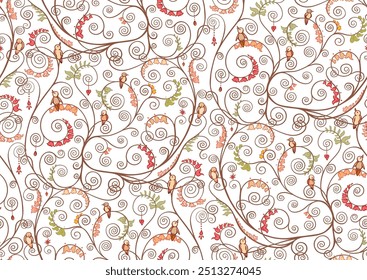 Tree branches with birds, inspired by Gustav Klimt's tree of life. Seamless pattern, background. Vector illustration. Outline hand drawing. In art nouveau style, vintage, old, retro style.