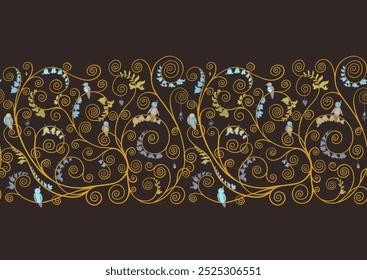 Tree branches with birds, inspired by Gustav Klimt's tree of life. Seamless pattern, background. Vector illustration. Outline hand drawing. In art nouveau style, vintage, old, retro style.