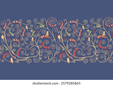 Tree branches with birds, inspired by Gustav Klimt's tree of life. Seamless pattern, background. Vector illustration. Outline hand drawing. In art nouveau style, vintage, old, retro style.