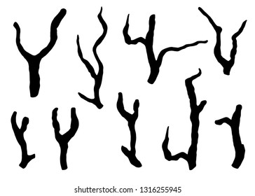 Tree branches. Black silhouettes. Hand drawn isolated on white background set