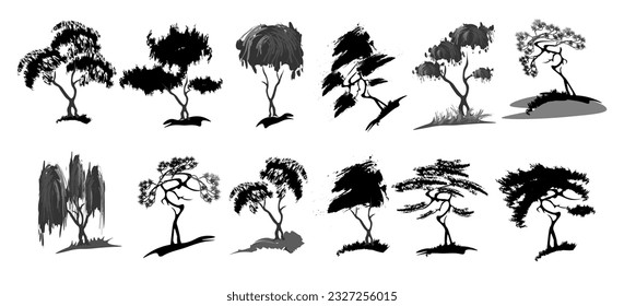 Tree with branches and crown.
Japanese traditional ink painting
 Oriental style sumi e, u shun, go hua,
SSTK abstract,
vector illustration.