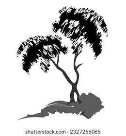 Tree with branches and crown.
Japanese traditional ink painting
 Oriental style sumi e, u shun, go hua,
SSTK abstract,
vector illustration.