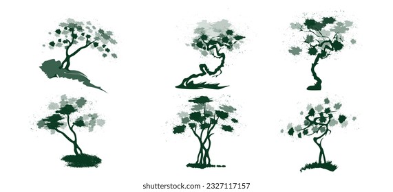 Tree with branches and crown.Collection.STK abstract,
Japanese traditional ink painting
 Oriental style sumie, ushun, gohua,
vector illustration.