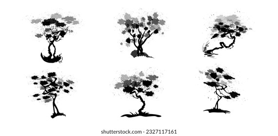 Tree with branches and crown.Collection.STK abstract,
Japanese traditional ink painting
 Oriental style sumie, ushun, gohua,
vector illustration.