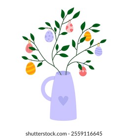 Tree Branches Decorated with Easter Eggs in a Vase. Flat vector illustration isolated on white background.