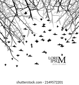 Tree branches and a flock of flying birds. Vector illustration