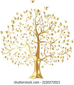 Tree branches flourish plant golden isolated over white background.