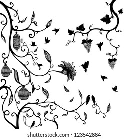 Tree branches with flowers and small bird