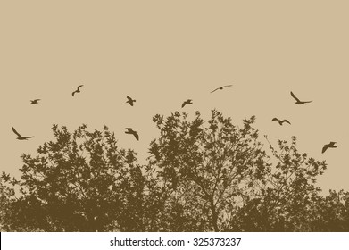 Tree and branches with flying birds on retro style with space for your text, vector illustration