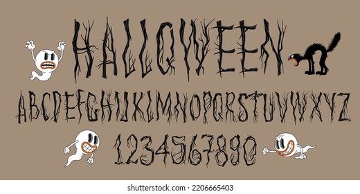 Baum zweigt Schriftalphabet. Englische Buchstaben und Zahlen, die durch bloße Zweige gebildet werden. Halloween toter Wald. Vektorgrafik.