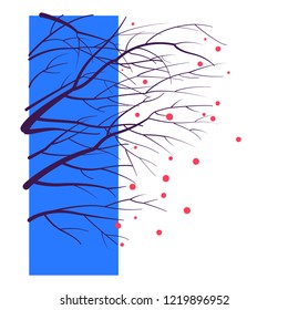 Tree branches and fruits over cold winter sky, vector