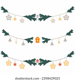 Сhristmas tree branches, garlands for festive decoration. Flat vector illustration.