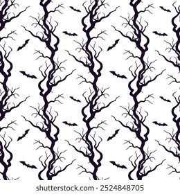 Tree branches gnarled old crooked and bats, Halloween pattern with black silhouettes on white background.