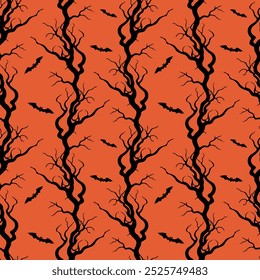 Tree branches gnarled old crooked and bats, Halloween pattern with black silhouettes on red-orange background.