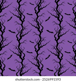 Tree branches gnarled old crooked and bats, Halloween pattern with black silhouettes on purple background.