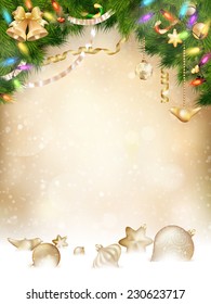 Tree branches with golden baubles, vertical banner. EPS 10 vector file included
