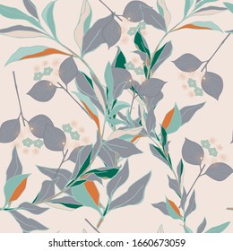 Tree branches with grey and llight blue leaves on a beige background. Seamless pattern with floral motifs. Vector illustration.