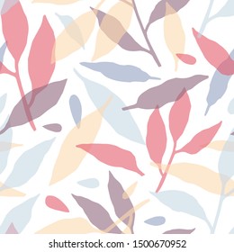 Tree branches hand drawn vector seamless pattern. Multicolor foliage silhouettes decorative texture. Abstract red, blue and yellow twigs with leaves illustration. Botanical textile, wallpaper design.