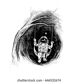 Tree Branches Hanging Swing Astronaut Enjoy Life, Hand Drawn Sketch Vector illustration.