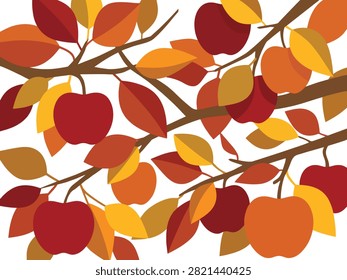 Tree branches laden with ripe red apples surrounded by vibrant autumn foliage in varying shades of orange