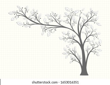 Tree with branches leaves and berries in a gray tone in vintage style on a notebook sheet