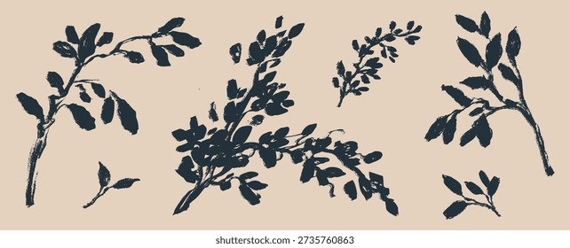 Tree branches with leaves drawn with an ink brush. Sketch. Black plant elements isolated on a beige background. Hand drawn vector graphics