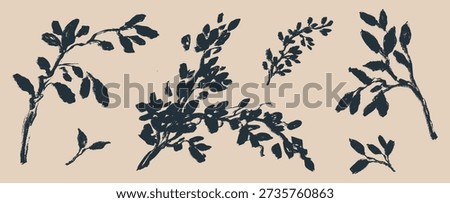 Tree branches with leaves drawn with an ink brush. Sketch. Black plant elements isolated on a beige background. Hand drawn vector graphics