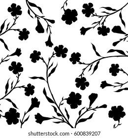 tree branches with leaves and flowers, black blossoms, background with plants silhouettes,hand drawn vector backdrop, garden template