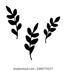 Tree Branches with Leaves. Hand drawn black branches with leaves isolated on white background. Botanical Illustration. EPS10