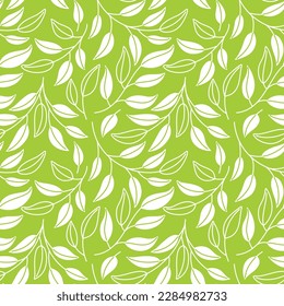 Ramas de árbol con hojas sobre fondo verde. Impresión veraniega. Patrón sin foco. Vector.