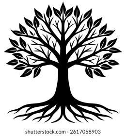Tree with branches, leaves, and roots silhouette in black and white style

