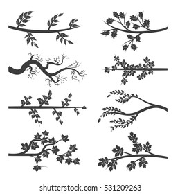 Tree branches with leaves silhouette isolated on white background. Vector illustration